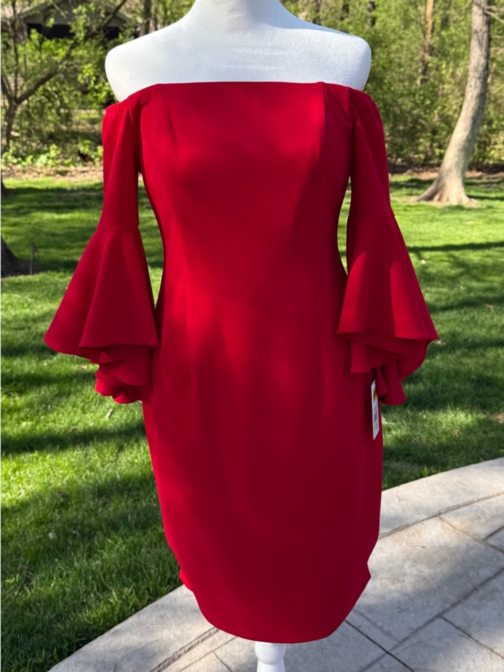 Calvin Klein Off-Shoulder Red Midi Dress with Trumpet Ruffle Sleeves